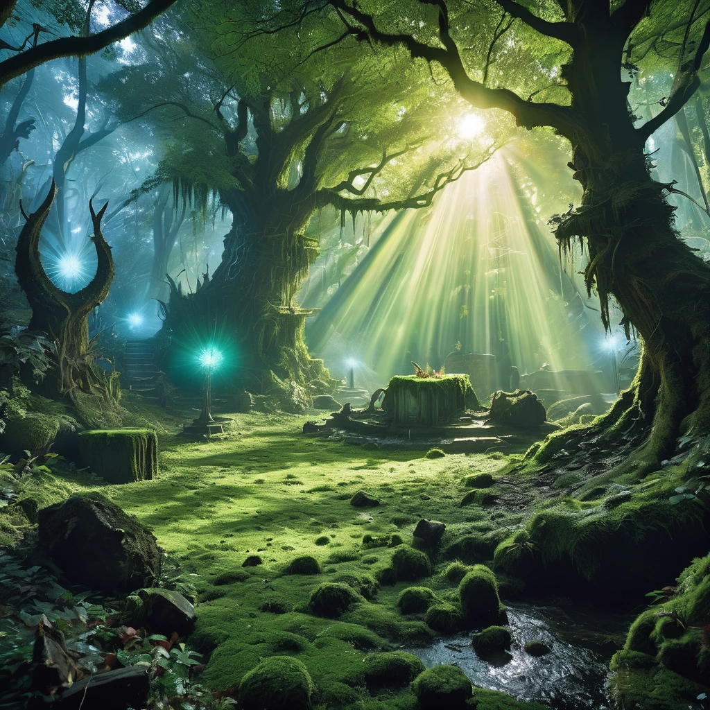 Imagine a medieval fantasy club lying on the ground in a dense, ancient forest, radiating an aura of raw power. The club is crafted from a massive, gnarled piece of enchanted wood, reinforced with iron bands and embedded with jagged, glowing crystals. Its surface is covered in intricate carvings of fierce beasts and ancient runes that pulse with a dim, magical light. Surrounding the club, the forest floor is covered in a thick layer of moss and fallen leaves, with shafts of sunlight piercing through the dense canopy above. The air is thick with the scent of earth and the sounds of rustling leaves and distant, mystical creatures. Capture the primal strength and mystical energy of this formidable weapon, suggesting tales of legendary battles and untamed wilderness in a medieval fantasy realm.