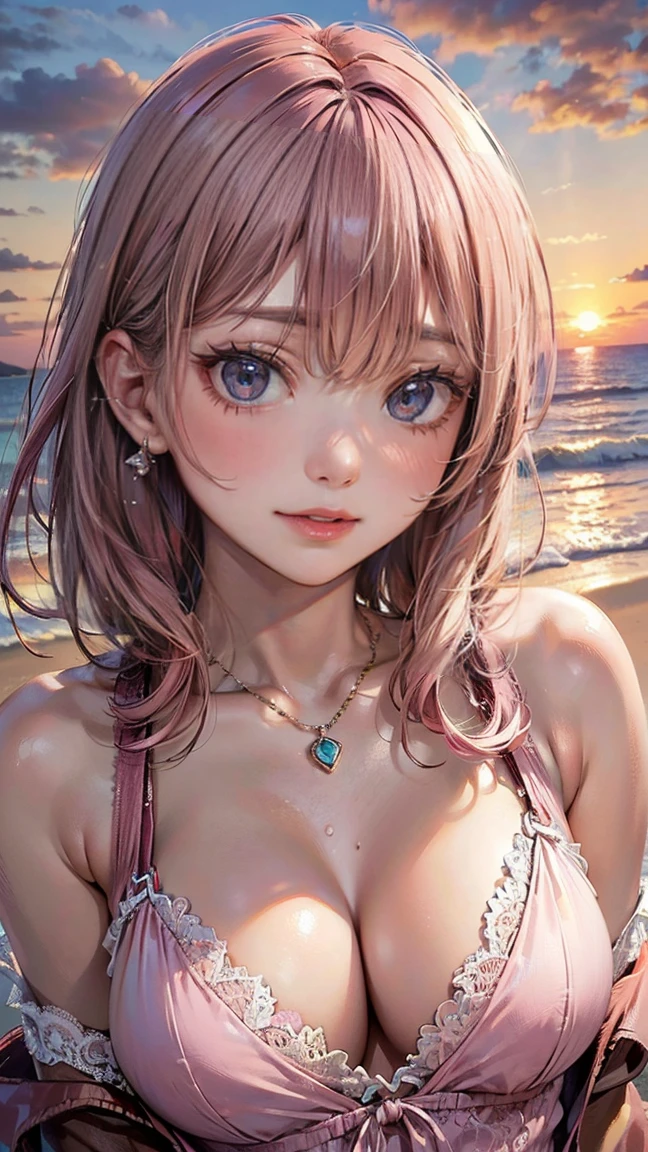 (Masterpiece, BestQuality:1.3), (ultra detailed:1.2), (hyperrealistic:1.3), (RAW photo:1.2), High detail RAW color photo, professional photograph, (Photorealistic:1.4), (realistic:1.4), professional lighting, perfect anatomy, (Big Breasts:1.2), (blush, detailed face), (A happy smile:1.5), Trending Hair&Trending Hairカラーをランダムに, earrings, necklace, bracelet, sexly, erotic sexly, Random sexy gravure poses, (A pink-haired beauty wearing a lace cover-up on a sunset beach、Posing with the setting sun in the background。:1.3)