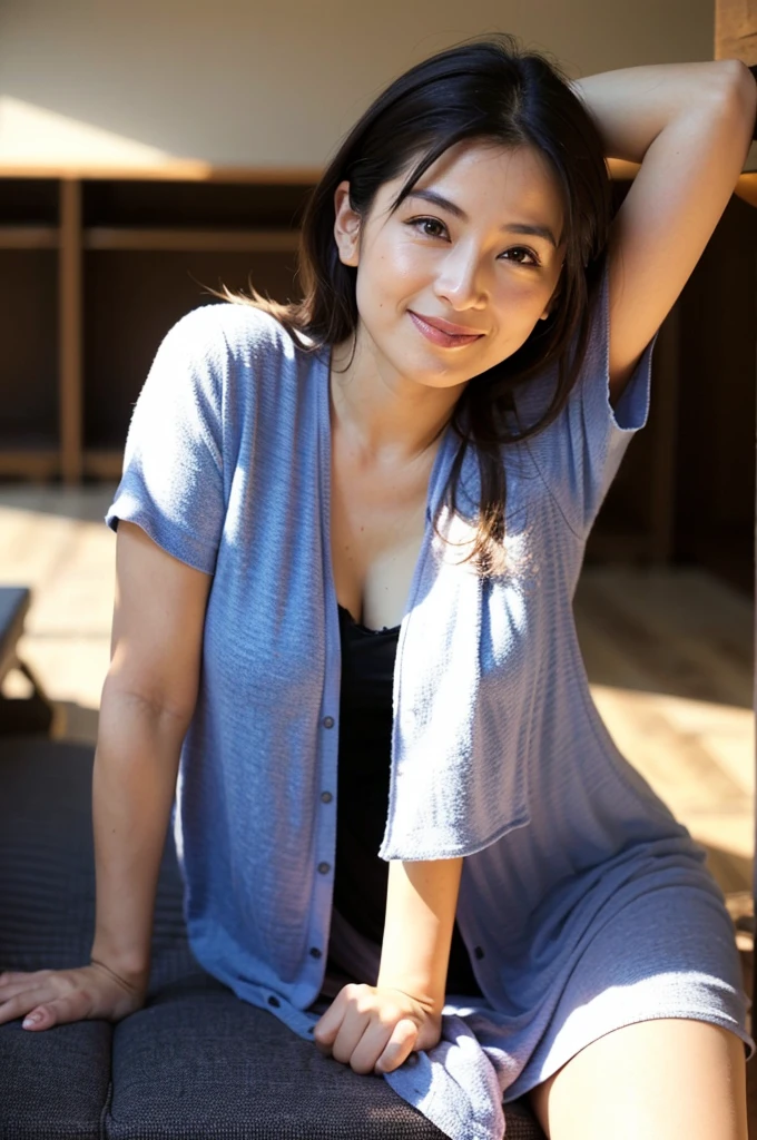 (8K、RAWE Photo、Highest quality、masterpiece:1.2)、(Real、Photorealistic:1.37)、Super detailed、Ultra-high resolution、1 girl、Beautiful detailed face、(Feather Cut: 0.6)、Professional Lighting、The lighting is bright、actress、model、Japanese、Full body、Wide-angle shot、Daytime、bright, simple background ,Simple Background、Model posing, full body , cowboy shot ,40-year-old woman、Mature Woman、Raise your left arm slightly、smile、、