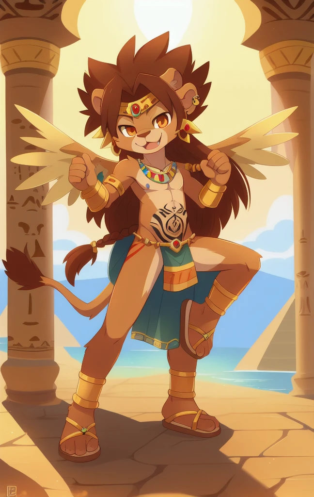 1boy, male focus, brown hair, solo, tail, wings, jewelry, furry, horns, braid, animal ears, loincloth, looking at viewer, earrings, lion ears, full body, long hair, lion boy, sandals, furry male, navel, smile, pelvic curtain, lion tail, fang, orange eyes, tattoo, body fur, brown fur, stomach, piercing, bracelet, necklace, standing, leg up, collarbone, closed mouth, ear piercing, egypt, clear sky, feets with three toes, 3 toes,