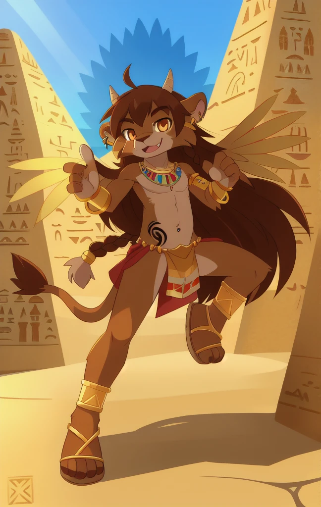 1boy, male focus, brown hair, solo, tail, wings, jewelry, furry, horns, braid, animal ears, loincloth, looking at viewer, earrings, lion ears, full body, long hair, lion boy, sandals, furry male, navel, smile, pelvic curtain, lion tail, fang, orange eyes, tattoo, body fur, brown fur, stomach, piercing, bracelet, necklace, standing, leg up, collarbone, closed mouth, ear piercing, egypt, clear sky, feets with three toes, 3 toes,