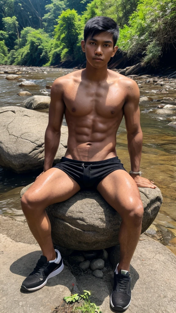 full body portrait photo with natural effect. clothes: Topless,no muscles, skinny, white volleyball shorts,bigger Phallus. shoes: wearing black shoes. situation: Handsome Indonesian young man sitting on a rock in the river with his clothes wet from the river water.