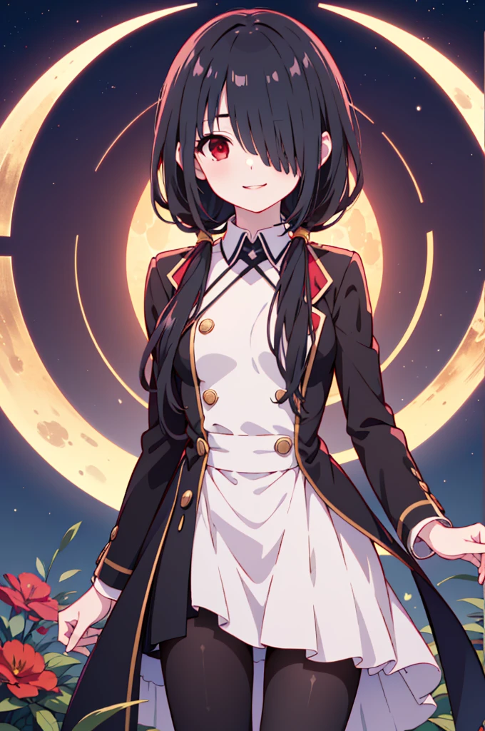 (8K),(anime colored),(masterpiece), (best quality), ((ultra-detailed)), (illustration), (an extremely delicate and beautiful),1girl,solo, tokisaki kurumi, black hair, low twintails, (hair over one eye:1.5), (red eyes:1.2), (small breast:1.2), wizard, smile, cowboy , fish eye lens, (wide shot), background, night, moonlight garden
