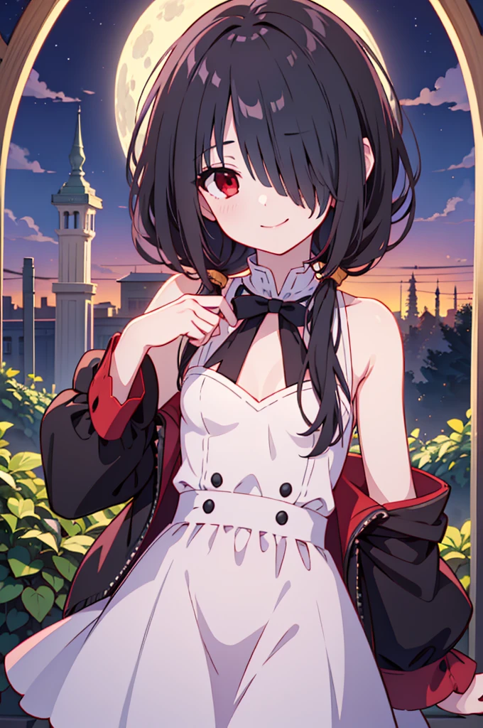  (8K),(anime colored),(masterpiece), (best quality), ((ultra-detailed)), (illustration), (an extremely delicate and beautiful),1girl,solo, tokisaki kurumi, black hair, low twintails, (hair over one eye:1.5), (red eyes:1.2), (small breast:1.2), wizard, smile, cowboy , fish eye lens, (wide shot), background, night, moonlight garden