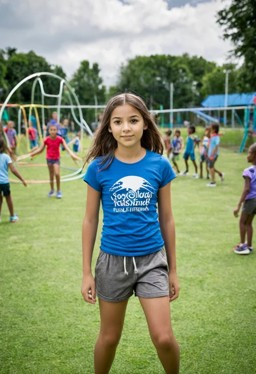 Italy. A realistic image of a 13-year-old girl at a summer recreational center at a sports facility, surrounded by many children. She is wearing shorts and a t-shirt. The sky is very cloudy, indicating an overcast day. The girl is at the center of the image, engaging with the children around her. The background shows various sports equipment and activities typical of a summer camp, such as a soccer ball, jump ropes, and hula hoops. The setting includes a mix of grassy areas and playground structures. The overall atmosphere is lively and cheerful despite the cloudy weather
