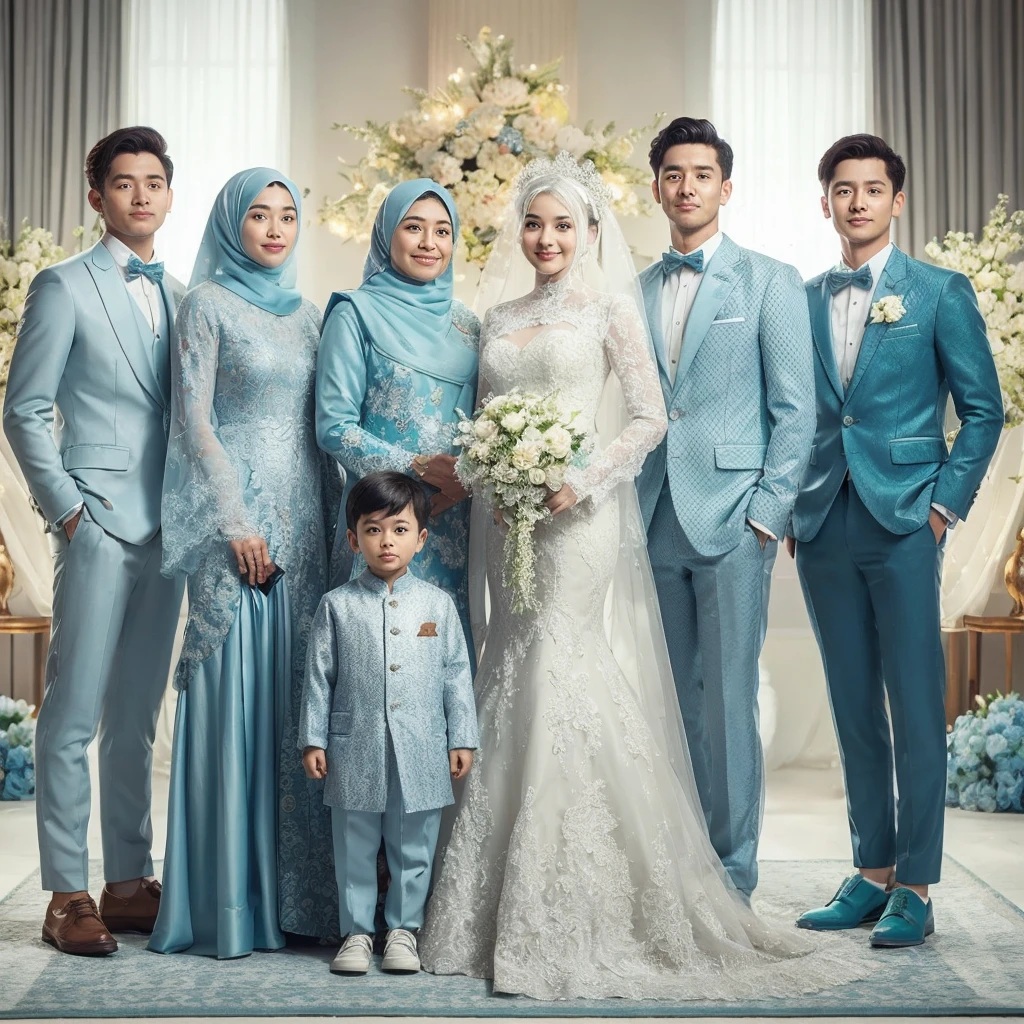 Studio Photography, close up, Indonesian, 7 members including one couple aged 50 sits on chair, a boy aged 6 and a daughter aged 3, stand behind them there's two man's aged 32 very shorts crew haired, and with a woman each aged 34 they wearing long compaliant pashmina hijab, all wearing white formal suit for man and gamis dress for women in white colored, sets at studio with white gold luxurious patterned wall, flower vases, side tables, aethestic decorations, fresh color and saturation, photography, good lighting, 8k , UHD.