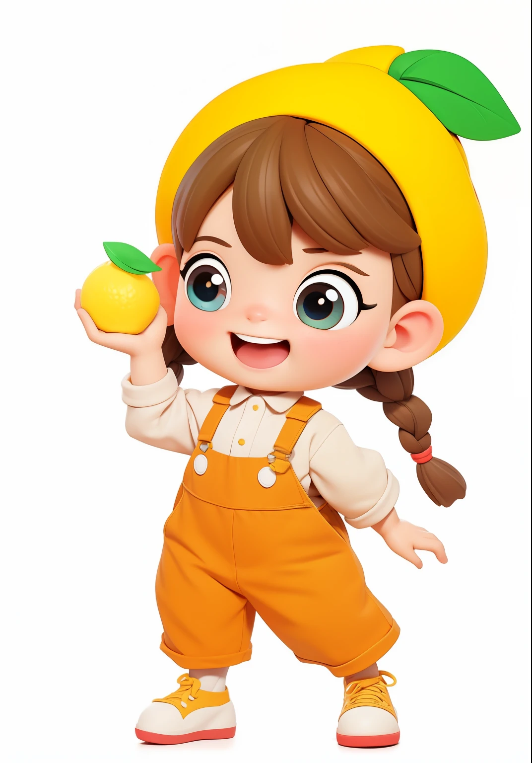 whole body、《Q version girl》、Embodying the image of lemon yellow in clothing、Lemon hat、Accessories、Green leaves、Super happy、Smile with teeth、Lively and cute girl、cute shoes、Holding a lemon in hand、(dwarf:1.2)、Brown eyes、Long eyelashes、big eyes、Delicate and bright eyes、braid、big ear、Clear finger details、The fingers are clearly defined、Hand super detail、Overalls、Blind Box Toys、Pixar style、give him a smile、Put a sweet smile on his face、3D Rendering、