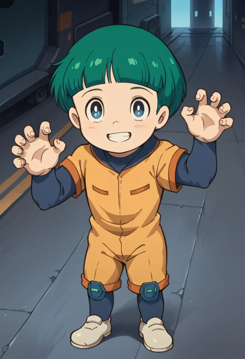 Score_9, score_8_up, score_7_up, rating_safe, Cute young boy, ropple, blue eyes, green hair, cute face, very smail, light smile,  grinning evily，Boy student，short detailed hair，Shota，The city of the future，nigth，Contre-Jour,  ((full view body)), claw pose,