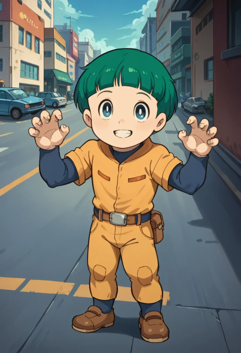 Score_9, score_8_up, score_7_up, rating_safe, Cute young boy, ropple, blue eyes, green hair, cute face, very smail, light smile,  grinning evily，Boy student，short detailed hair，Shota，The city of the future，nigth，Contre-Jour,  ((full view body)), claw pose,