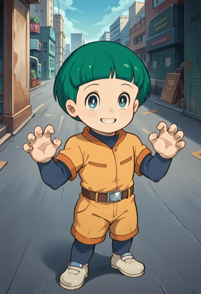 Score_9, score_8_up, score_7_up, rating_safe, Cute young boy, ropple, blue eyes, green hair, cute face, very smail, light smile,  grinning evily，Boy student，short detailed hair，Shota，The city of the future，nigth，Contre-Jour,  ((full view body)), claw pose,