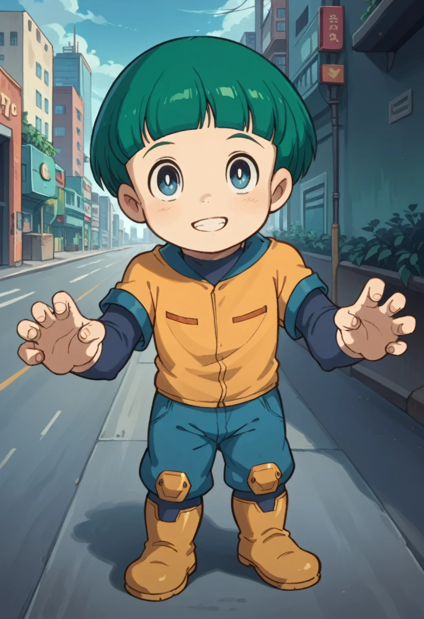 Score_9, score_8_up, score_7_up, rating_safe, Cute young boy, ropple, blue eyes, green hair, cute face, very smail, light smile,  grinning evily，Boy student，short detailed hair，Shota，The city of the future，nigth，Contre-Jour,  ((full view body)), claw pose,