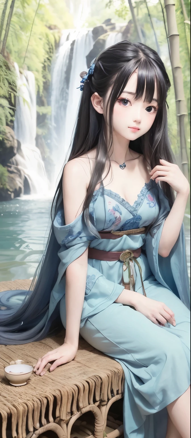masterpiece, best quality, official art, 8k wallpaper, highly detailed, illustration, 1 girl, Azure hair, long hair, detailed eyes, forrest, bare shoulders, hanfu,lakes, pure, soft smile,bamboo,Tea