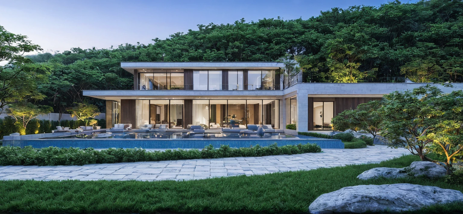 qlcd,tingyuan, photo of modern villa, grassland, garden, shrubs and trees, rock decoration, clear sky, sun light, realistic photo
