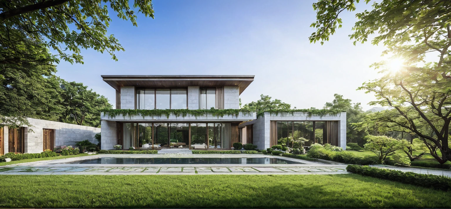 qlcd,tingyuan, photo of modern villa, grassland, garden, shrubs and trees, rock decoration, clear sky, sun light, realistic photo