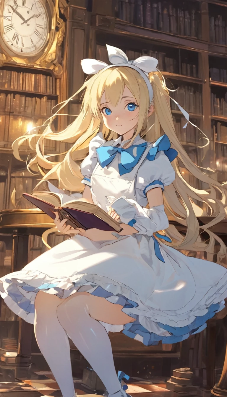 Alice, (Alice in Wonderland:1.1), cartoon illustration, 1cute girl, (white-outfits:1.4), hair-ribbon, (big-white-ribbon on head:1.5), white puffy sleeves, horizontal striped thigh-highs, white apron, white dress, long-hair, (blonde-hair:1.3), floating long hair, small-breasts, open mouth, (light-blue-eyes:1.2), teacup, cup, clock, antique watch, open book, saucer, in dark library, (dutch-angle:1.2), dynamic angle, cinematic lighting, glitter,