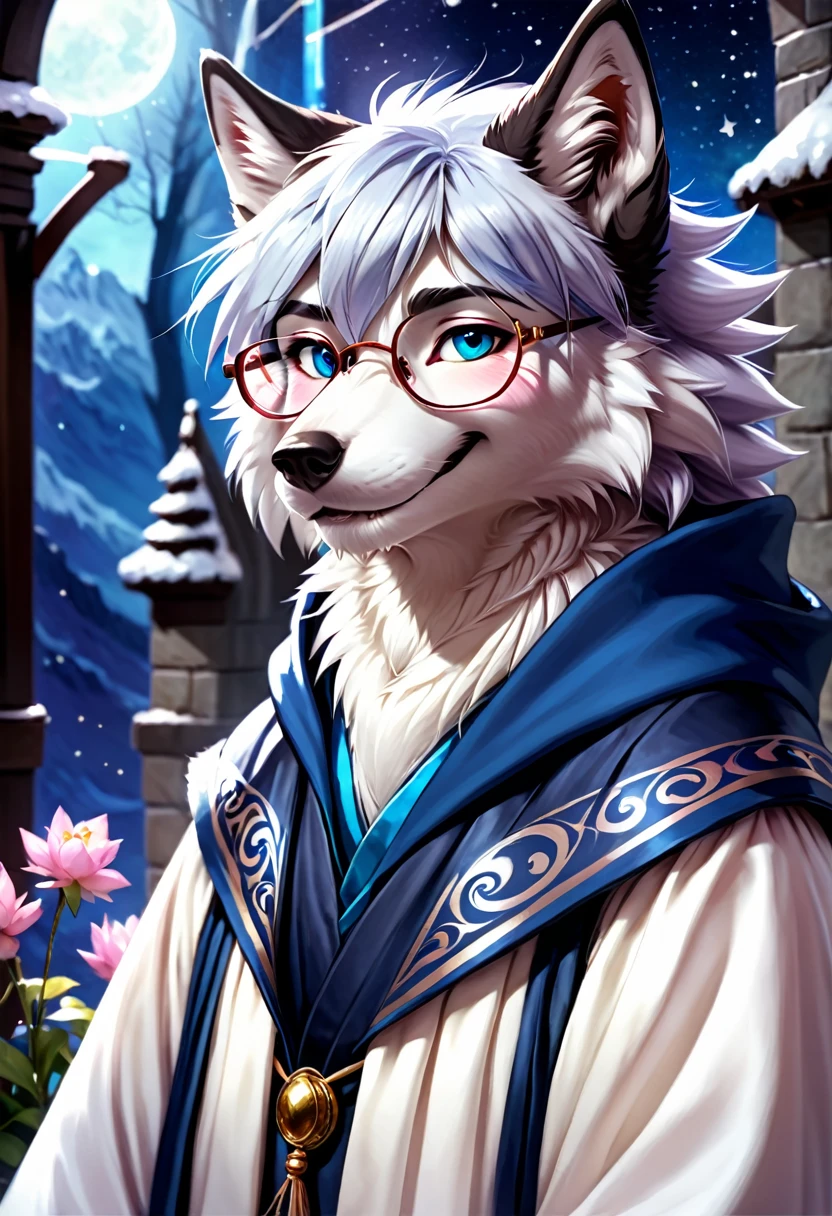 (masterpiece:1.4),(best quality:1.4),((Detailed facial features)),Wolf,male,Mage Clothing,robe,Blue and white fur,Glasses,Orcs,Orcs脸,delicate and pretty,Wolf脸,cute,Young,Introvert,精灵Wolf,Facial details,happy,Smile,Pink white ears,Dark blue bangs,Blue sideburns,Doudou Eyebrows