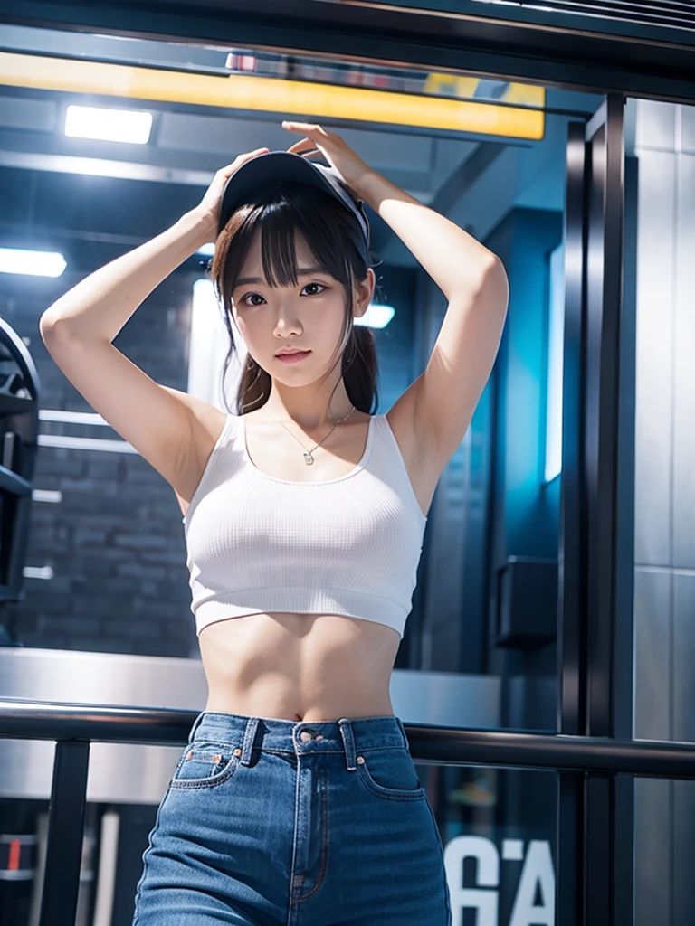 (Highest quality, masterpiece:1.2, RAW Photos), (Realistic:1.3), Realistic:1.2、One Girl、Japanese、Slender body line、Small face and slender figure、((beautiful girl、Cute school girl、Idol Face、Baby Face))、((Sing with a microphone:1.3))、(Showing sexy panties:1.4)、(Cute tank top and mini pleated skirt:1.3)、(Beautiful brown hair:1.3)、((on stage at a rock concert:1.3))、(Beautiful breasts、Upward bust), (Detailed eyes and face:1.2, Professional photography techniques, Cinema Lighting), (Detailed hands:1.1、A girl's small and beautiful hands:1.2), (Perfect Anatomy:1.3), (Staring at the viewer with a nasty smile:1.1, blush:1.2)