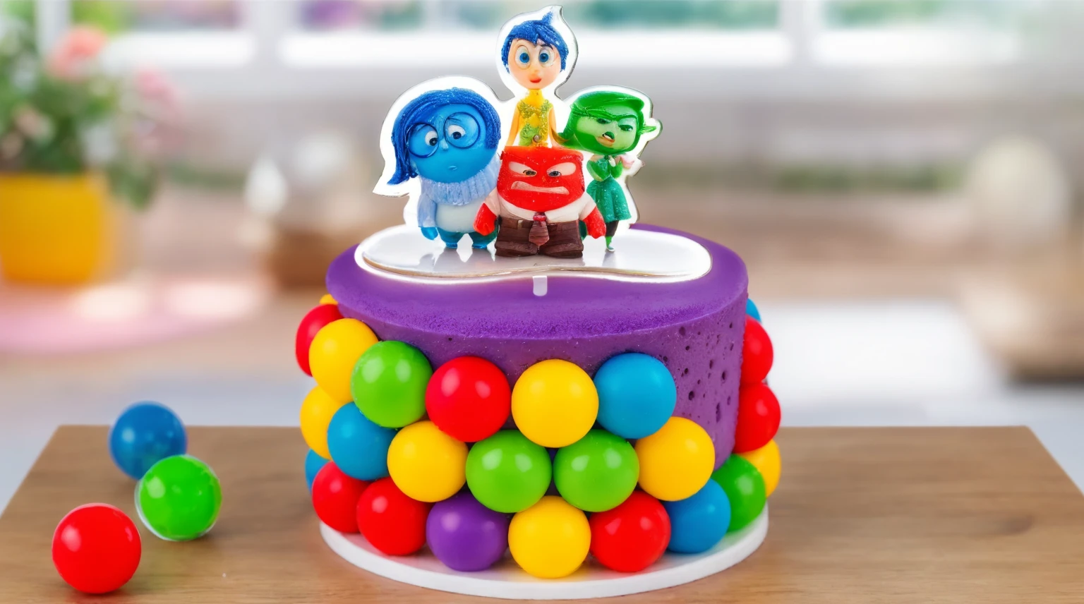on a wooden table, there is a white plate with cake. PURPLE SPONGE CAKE. RAINBOW SPHERES made of polymer clay. ON THE TABLE ARE THREE MULTI-COLORED SPHERES. window in the background, Contour light, Beautiful light from the window. THE CAKE HAS A STICKER WITH CARTOON CHARACTERS inside out. Realistic style. realistic texture. detailed texture . high quality photo. bright lighting. beautiful light. high quality. A high resolution. macro photography. ultra hd 8k