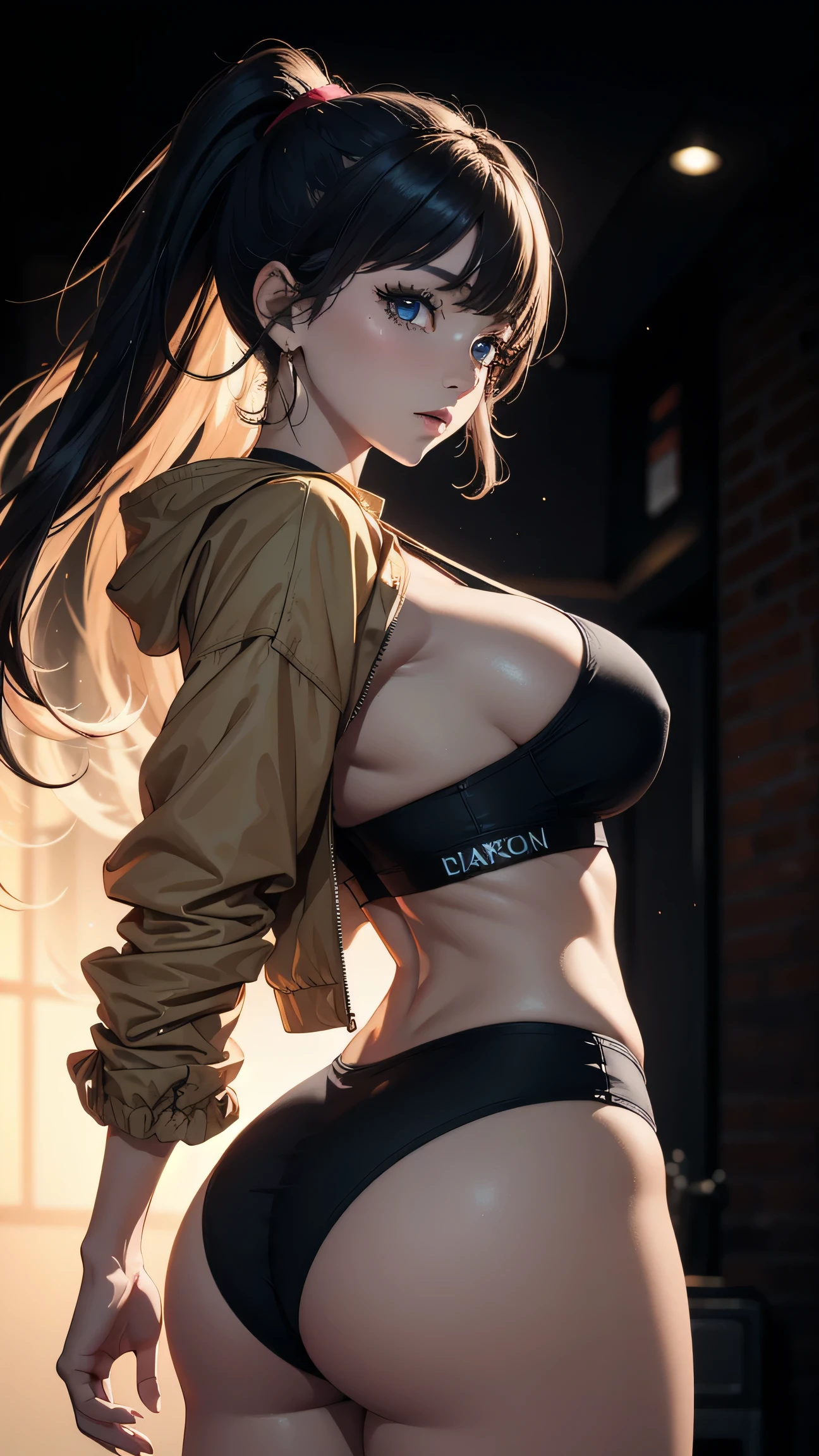 (best quality:1.5, highres, UHD, 4K, detailed lighting, shaders), best quality eyes, perfect hands, perfect finger brown floral haired, gradient hair, big breasts, brown bra, big thighs, big butt, brown jacket , brown long pants, mature woman , (pov), black background, colorful eyeshadow, dramatic lighting, sparkling eyes, sensual expression, golden earrings, flowing hair, delicate facial features, dark skin, high cheekbones, urban setting, black background, dont look for the camera, lean forward, behind the camera