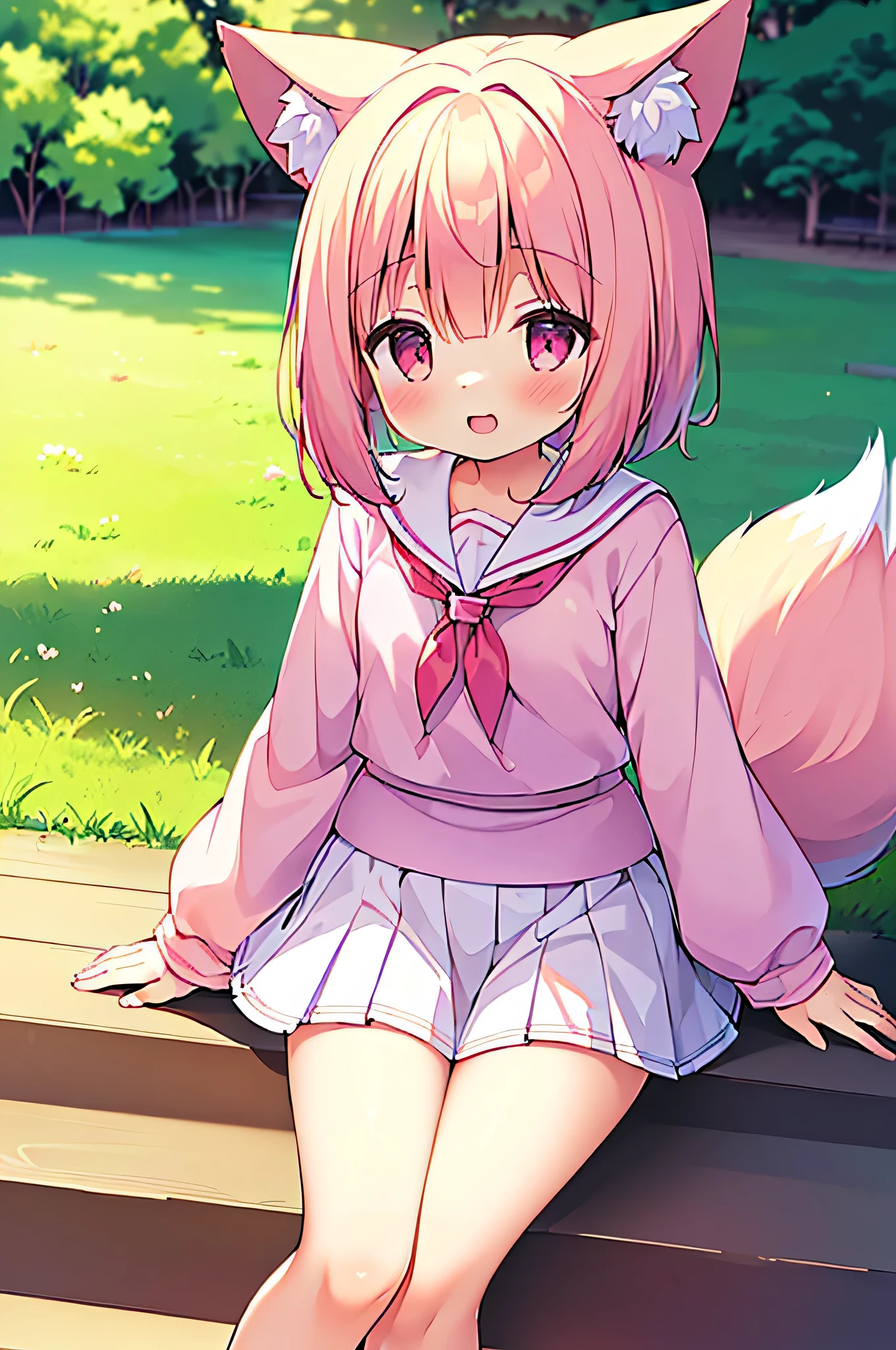 (((masterpiece))), (((最high quality))), (((high quality))), (((beautiful))), (((8K))), (((High resolution)) (((超High resolution))), (((High resolution))), (((Great illustrations))), (1 Girl:1.4), (Pink Short Hair:1.3), (Pink fox tail:1.4), (Pink fox tail:1.2), Pink fox ears, (Pink Eyes), (Very small breasts:1.5), (Ultra-flat chest:1.4), (Cowboy Shot:1.3), (Cowboy Shot:1.4), (Laughter:1.3), (Long sleeve:1.3), (Sailor suit:1.6), (Sitting on the steps of the park:1.4), (White pleated skirt:1.5)