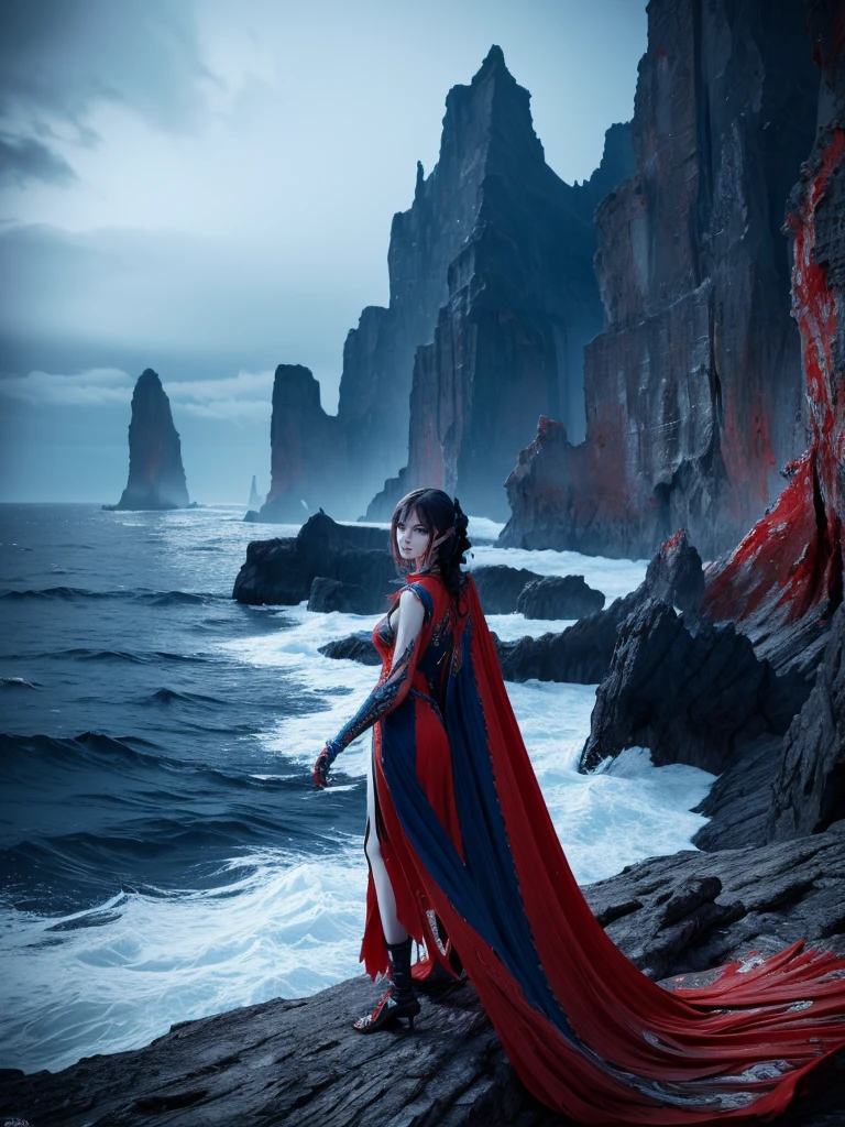 black and white and blue and red,(best quality, ultra-detailed, high resolution, extremely detailed cg),wide shot,dead angels stand on cliff edge,she is very beautiful,she like blood and sea,bloody rain, mystical,fanatic, intricate, surreal,delicate