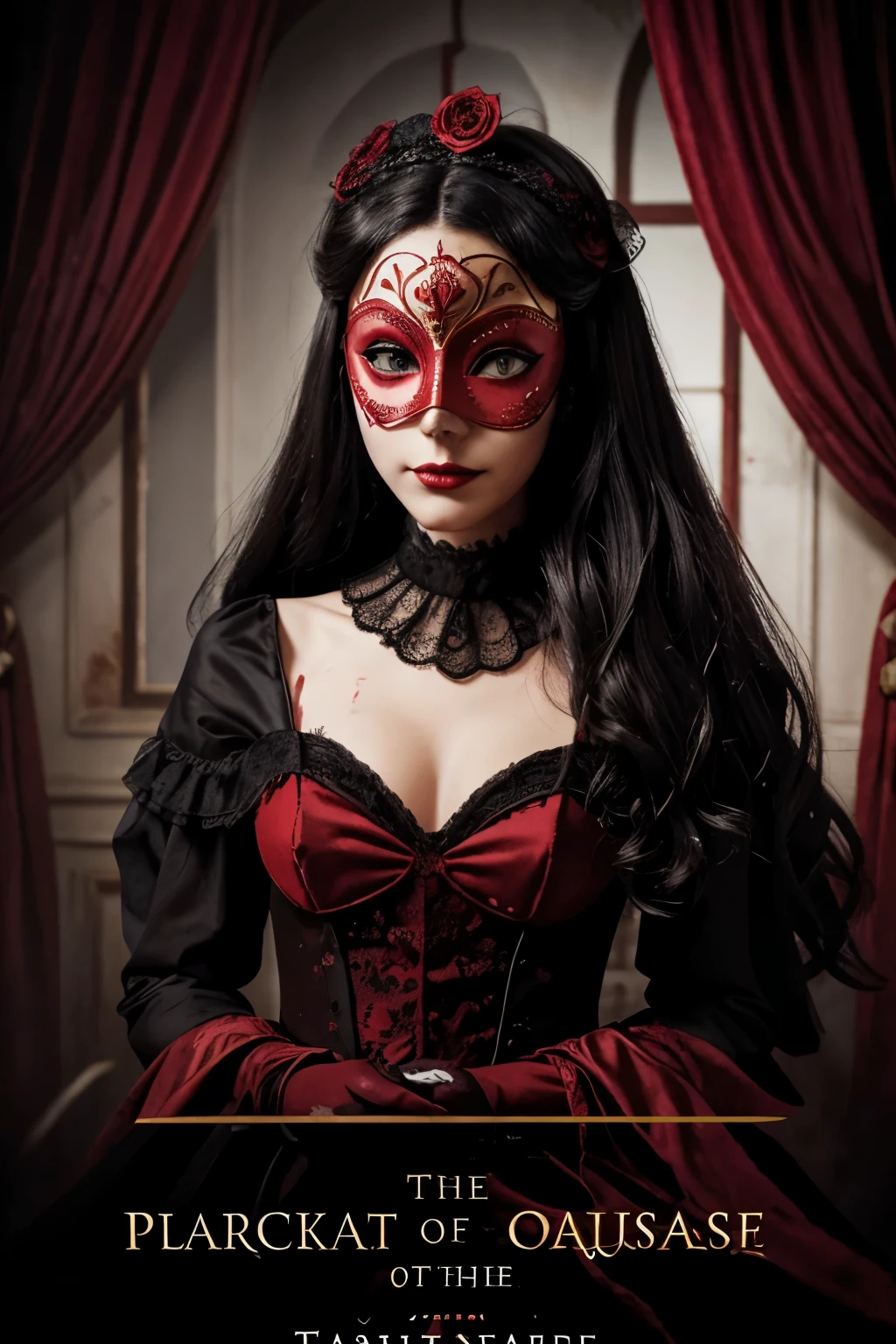 Book cover for the title "Puppet of the Masquerade", theme is dark and red, add a masquerade mask without a face andwith blood splattered on it