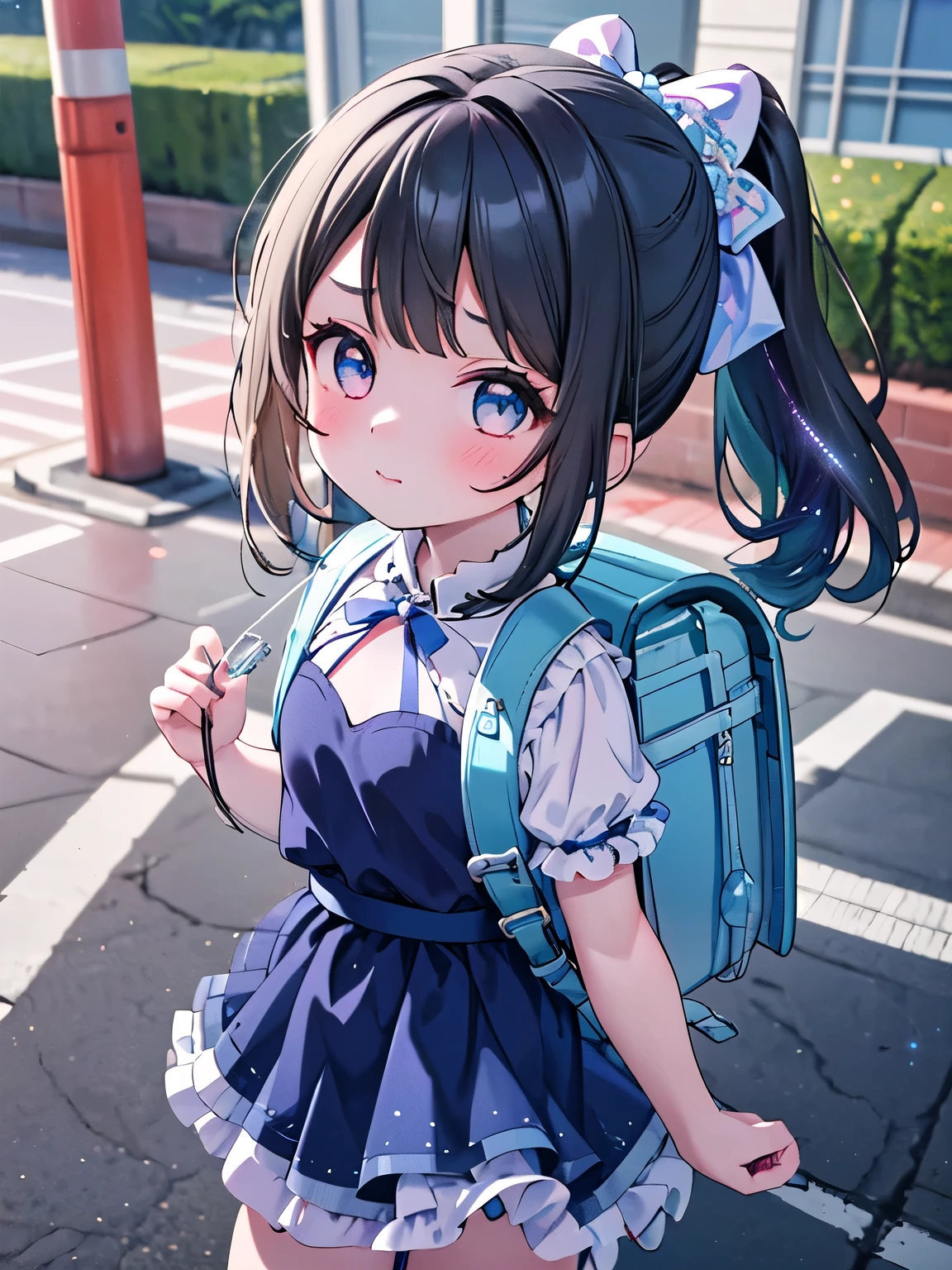 masterpiece, High resolution, Realistic, Black Hair, Asian Girl, p○nytail, hair ribb○n,(the face of a very young child:1.4).○, 1girl wearing a pink id○l dress (((A blue sparkling idol dress that reveals beautiful thighs:1.2)))、(Wearing a flipped up, too short mini frill skirt), (Yellow Hairのアジア人), Outdoor, ponytail, Are standing, Outdoor, wearing red Backpack, (Backpack:1.1) (赤いBackpack:1.2)、Has bangs、Twin tails:1.2, ponytail, Are standing