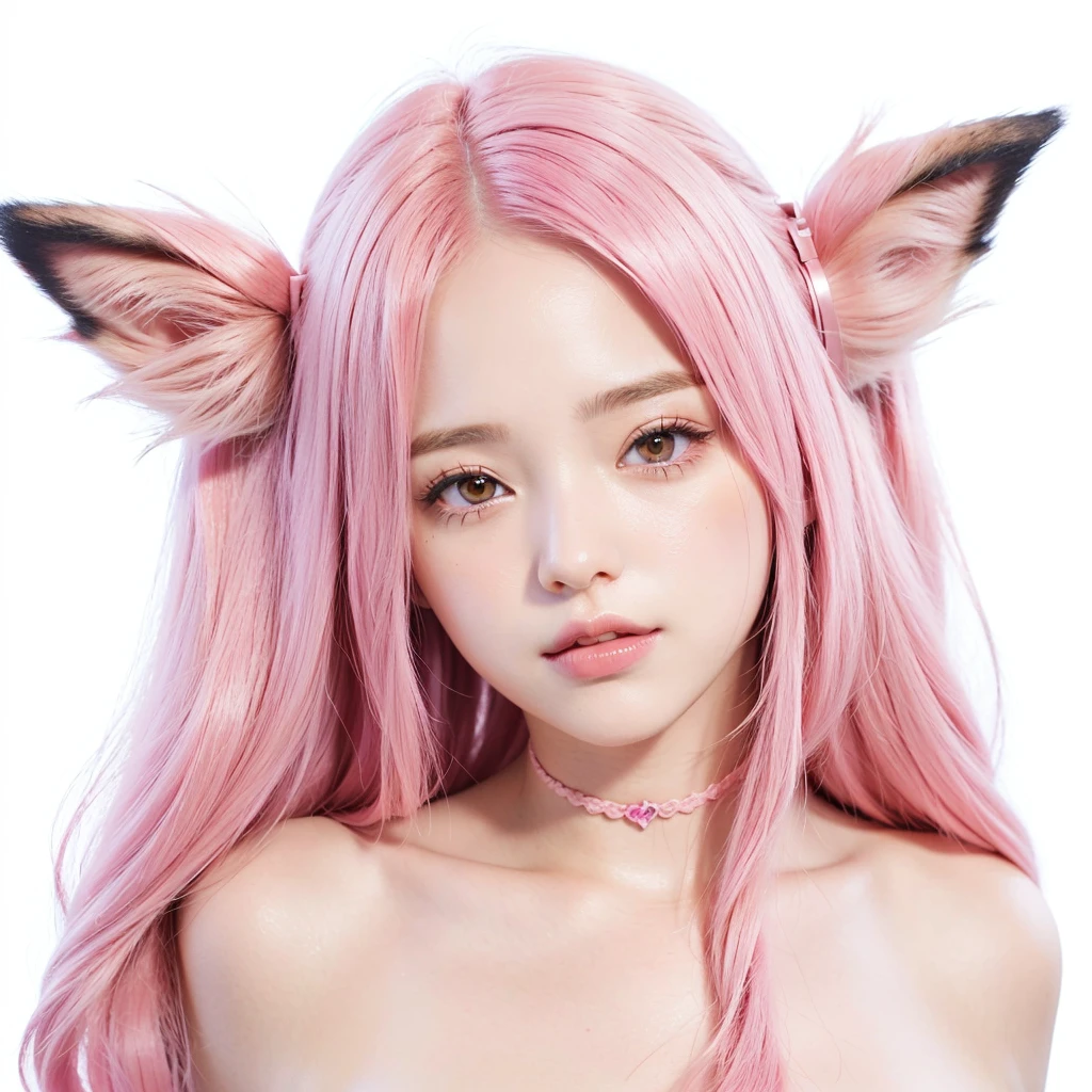 cutegirl with pink hair and ears sticking out, pink fox, beautiful catgirl, realistic 4k detailed 