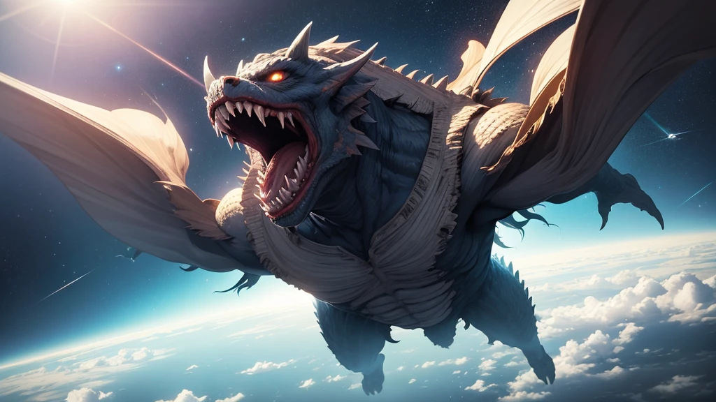 Giant Monsters, Looking up at nature, Clear sky, Menacing monsters, Fictional monsters,Terrifying monsters, A well-formed monster, destruction, hell, Super-giant creature, Stylish monster, Monster with mouth wide open, Space in the mouth, Aerial perspective, Space behind the mouth