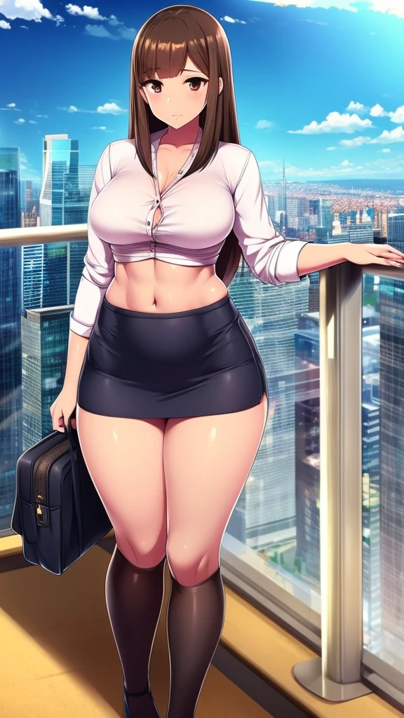 A girl with light skin, sexy, cute, leaders, long brown hair, her brown eye, wears a pink button-down blouse, shows her navel, and a short blue skirt, black shoe, and she travels, flying, sky, city background.