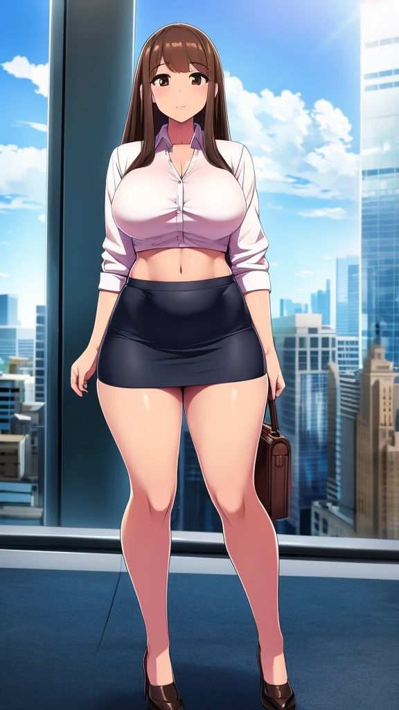 A girl with light skin, sexy, cute, leaders, long brown hair, her brown eye, wears a pink button-down blouse, shows her navel, and a short blue skirt, black shoe, and she travels, flying, sky, city background.