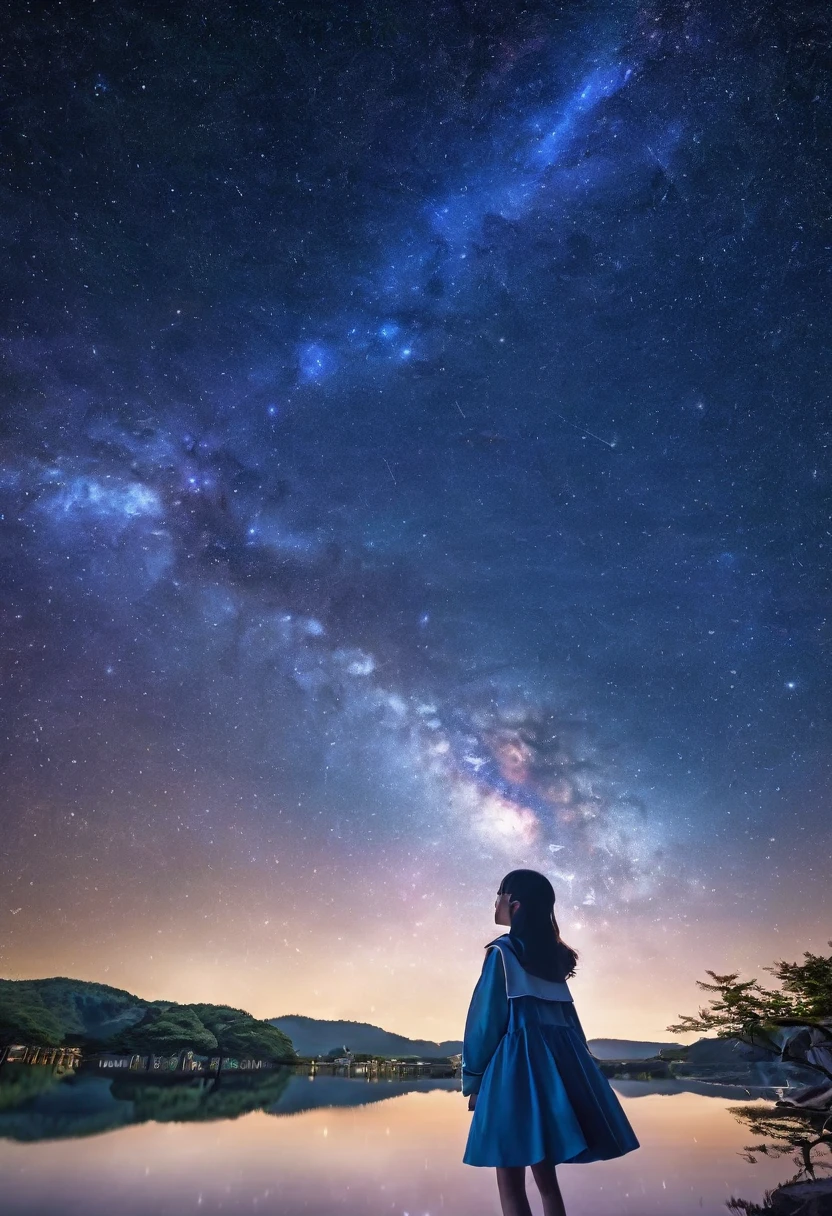 (8K、RAW Photos、Highest quality、look up:1.2、masterpiece:1.2、Genuineistic、Ultra-high resolution、High Contrast、Photon Mapping、Genuine、Very detailed、Official Art, RAW Photos、professional Lighting、 Light、Vivid atmosphere、twiceLight) title: 「Starry sky sounds」 explanation: この8KのRAW Photosは、Highest qualityでVery detailed背景に、It depicts a girl looking up at the night sky.。She is 15 years old、height: 150cm、色白の肌にLightブラウンのポニーテールをした日本のを着用しています。Her face is young々It'It's very moisturizing、She has a beautiful face and perfect proportions.、Longer, thinner legs。She is wearing a red bow tie and a stylish white lace blouse.、Checked skirt、I'Wearing black loafers。 The landscape spreads in the background、Beautiful stars in the night sky々And the nebula is shining。The sun goes down、At the foot of the mountains the sea spreads、Regional cities without skyscrapers are expanding.。She is sitting on the roof of a building、It depicts a girl lost in thought while looking at the stars.。The city seen from where you sit、The Lights of each house shine beautifully、The Light on the ground and the glow of the night sky create a beautiful contrast.。 This anime scene、A beautiful depiction of the girl's night view.、It expresses the moment when she finds the star of hope while looking at the stars.。