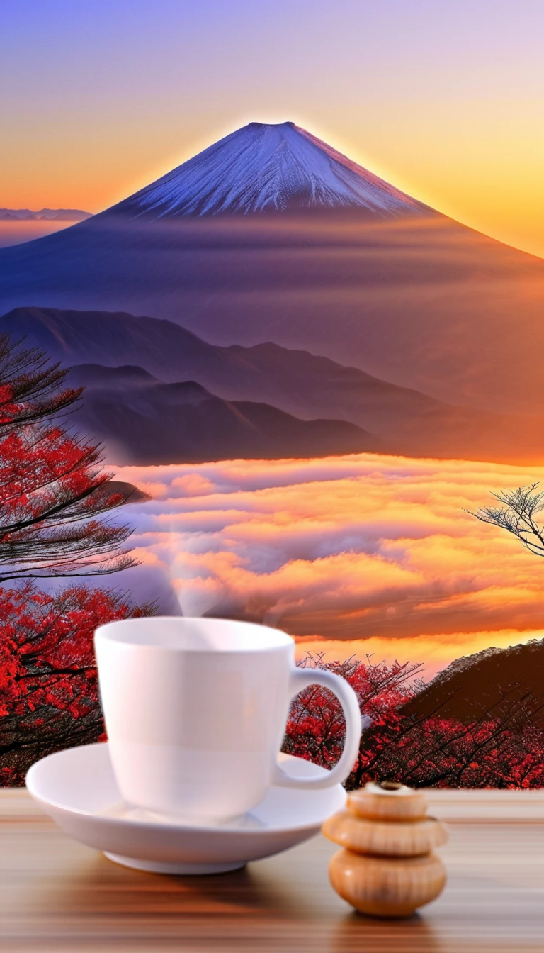 quality\(8K,非常に精細なCGユニットのwallpaper, masterpiece,High resolution,top-quality,top-quality real texture skin,Surreal,Increase the resolution,RAW Photos,最高quality,Very detailed,wallpaper\),BREAK、Fuji Mountain、First sunrise of the year、Rising sun、Fuji Mountain山頂、頂上でFirst sunrise of the yearを嗜む、Drink coffee、