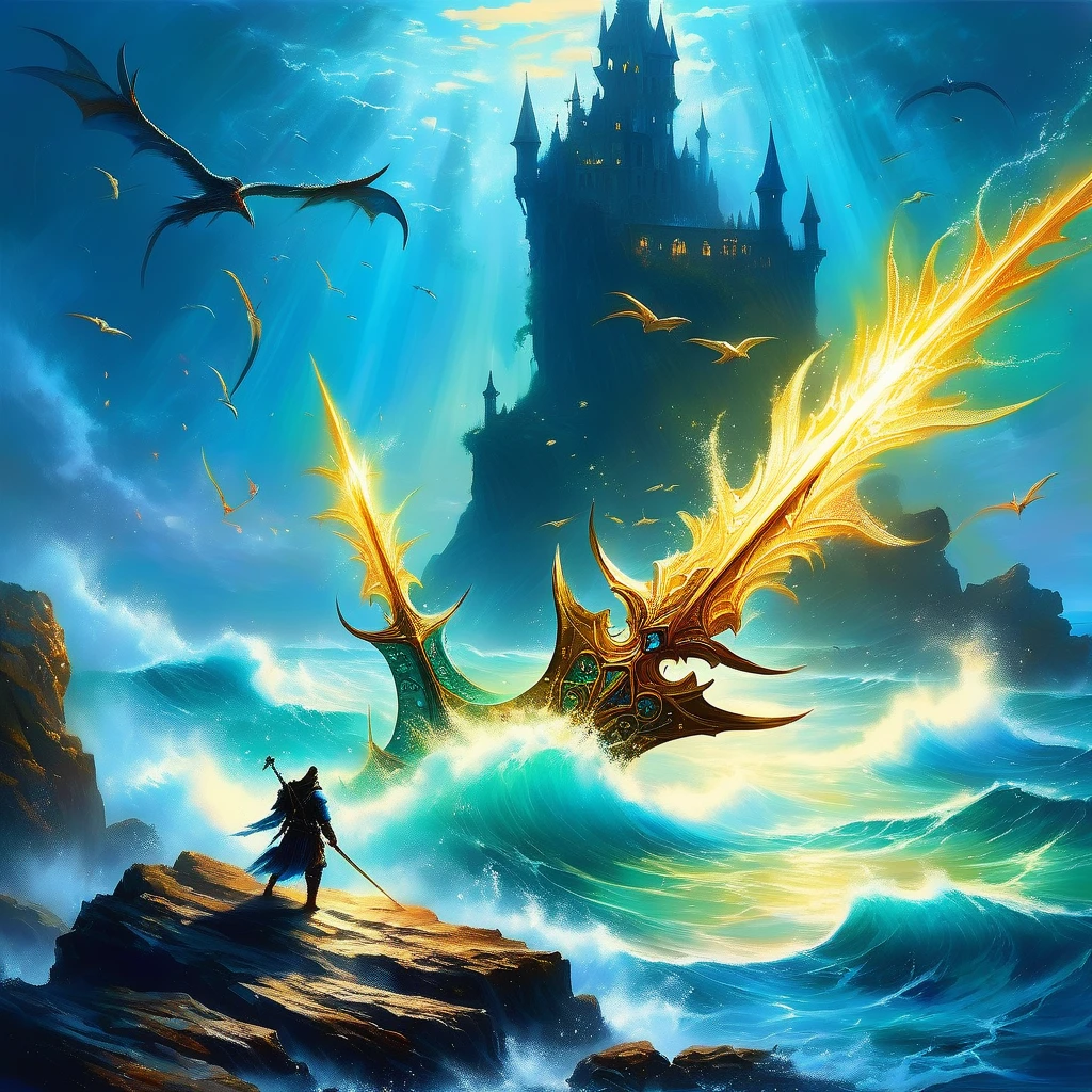 Imagine a medieval fantasy weapon resting on a weathered rock jutting out from the ocean's edge, its form shimmering with an otherworldly glow. The weapon, forged from a rare, enchanted metal, gleams with intricate designs and runes that seem to dance beneath the surface of the water. Waves crash against the rock, sending sprays of salty mist into the air, while seabirds wheel overhead in the endless expanse of sky. Beneath the surface, glimpses of colorful marine life dart through the clear, azure waters, adding to the enchanting atmosphere. Capture the sense of mystery and adventure as this fantastical weapon lies at the boundary between land and sea, hinting at the ancient depths and untold secrets of the ocean in a medieval fantasy realm.