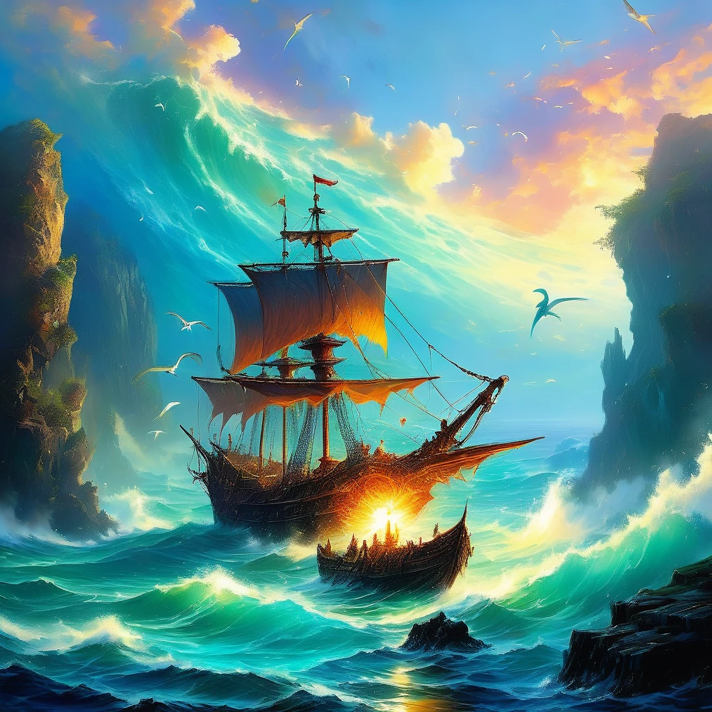 Imagine a medieval fantasy weapon resting on a weathered rock jutting out from the ocean's edge, its form shimmering with an otherworldly glow. The weapon, forged from a rare, enchanted metal, gleams with intricate designs and runes that seem to dance beneath the surface of the water. Waves crash against the rock, sending sprays of salty mist into the air, while seabirds wheel overhead in the endless expanse of sky. Beneath the surface, glimpses of colorful marine life dart through the clear, azure waters, adding to the enchanting atmosphere. Capture the sense of mystery and adventure as this fantastical weapon lies at the boundary between land and sea, hinting at the ancient depths and untold secrets of the ocean in a medieval fantasy realm.