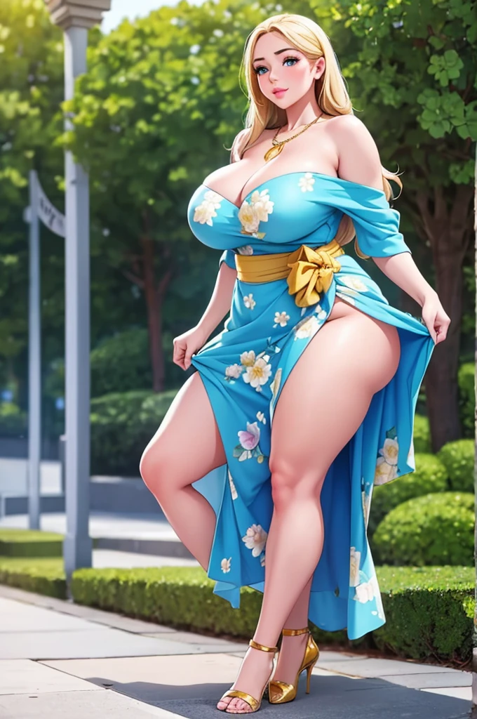 An extremely beautiful stunning voluptuous woman, with gold blonde long silky hair, big blue oceanic eyes, extremely super bright snow white fair stunning flawless glowing lush shiny white complexion, flawless skin, a perfect tight hourglass figure, and a skinny waist, sexy thick smooth luscious legs and thighs, wearing a short sexy tight revealing sky-blue floral dress with threads along with a yellow sash on the waist, yellow heels, gold necklace on the neck, gold anklets on feet, gold chain on the waist, standing straight, extremely cute smile on the face, bright pink blushes on cheeks, holding a pink purse, kids park in the background, show full body from head to feet.