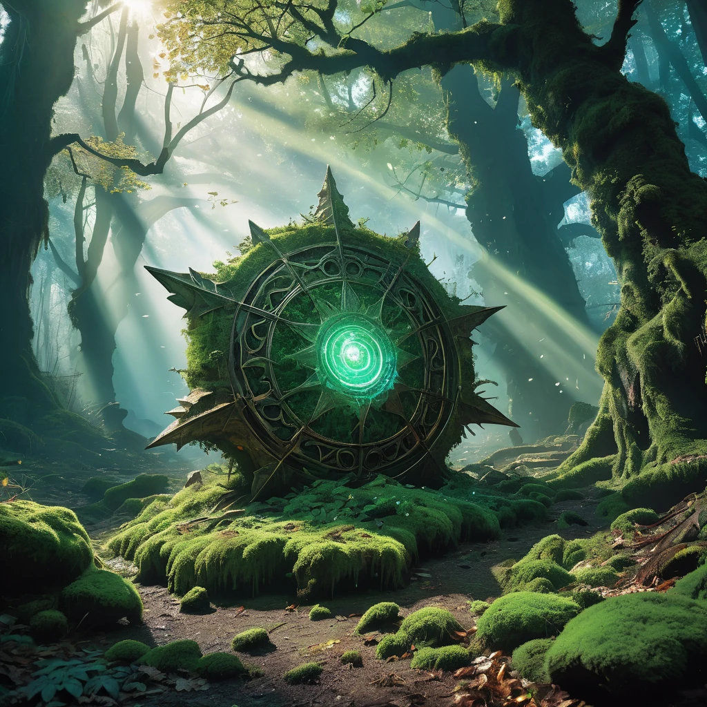 Imagine a medieval fantasy weapon lying on the ground in a dense, ancient forest, radiating an aura of raw power. The club is crafted from a massive, gnarled piece of enchanted wood, reinforced with iron bands and embedded with jagged, glowing crystals. Its surface is covered in intricate carvings of fierce beasts and ancient runes that pulse with a dim, magical light. Surrounding the club, the forest floor is covered in a thick layer of moss and fallen leaves, with shafts of sunlight piercing through the dense canopy above. The air is thick with the scent of earth and the sounds of rustling leaves and distant, mystical creatures. Capture the primal strength and mystical energy of this formidable weapon, suggesting tales of legendary battles and untamed wilderness in a medieval fantasy realm.