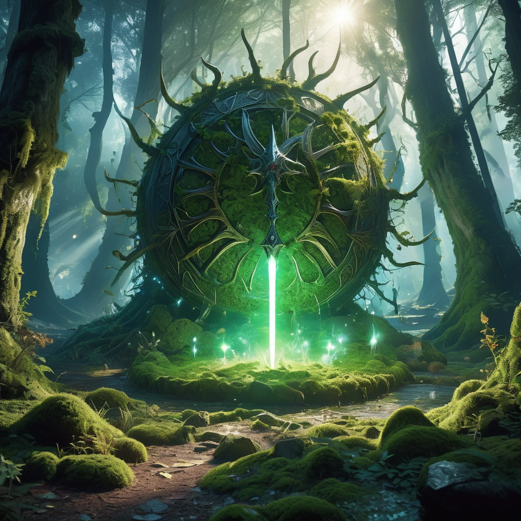 Imagine a medieval fantasy weapon lying on the ground in a dense, ancient forest, radiating an aura of raw power. The club is crafted from a massive, gnarled piece of enchanted wood, reinforced with iron bands and embedded with jagged, glowing crystals. Its surface is covered in intricate carvings of fierce beasts and ancient runes that pulse with a dim, magical light. Surrounding the club, the forest floor is covered in a thick layer of moss and fallen leaves, with shafts of sunlight piercing through the dense canopy above. The air is thick with the scent of earth and the sounds of rustling leaves and distant, mystical creatures. Capture the primal strength and mystical energy of this formidable weapon, suggesting tales of legendary battles and untamed wilderness in a medieval fantasy realm.