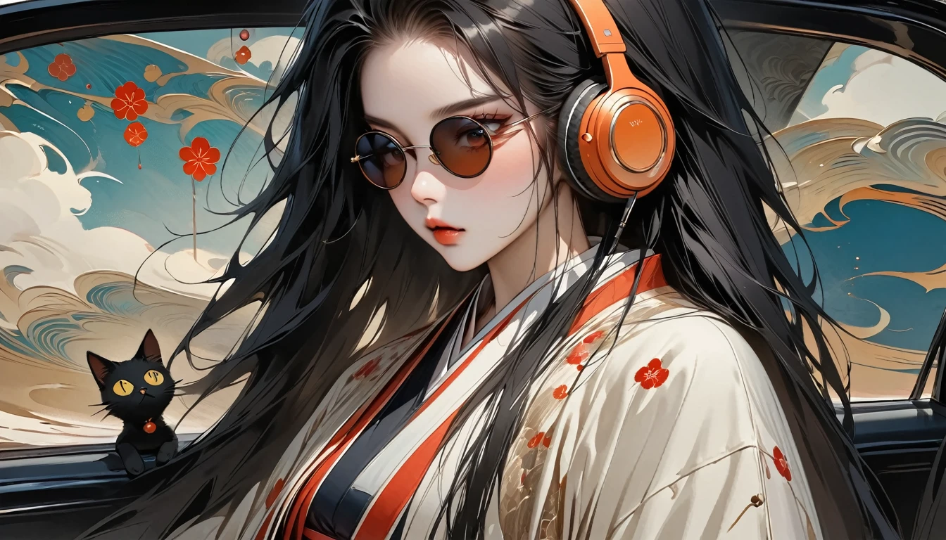 ((Masterpiece, high resolution, highest quality, highest quality real texture skin)), (1 girl), (wearing Japanese pattern headphones), (slender, double round and large Eyes, tongue slightly sticking out, beautiful lips, whole body), outer box: 1.2, (wearing Japanese pattern haori: 1.4, Japanese pattern shorts: 1.3) , (black hair, beautiful shiny hair, bob, beige skin), (((Looking at the car navigation screen))), (((sunglasses))), (((One black cat))), (Black hair, messy hair, beige skin), (surreal, digital painting)