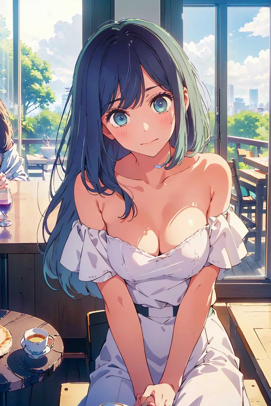 (Highest quality:1.4、8K:1.4、detailed)、F cup bust、Big Breasts、Slim body、Very white beautiful skin、((((1 person、smile、Surprised expression、sit、Chair、 the background are the urban buildings of Tokyo、looking at the camera、Indoor cafe terrace、Navy hair color、Straight Long Hair、juice、Shooting up close、table、Very cute face))))、((((nude、Areola))))、(Touching cheeks with both hands pose:1.4)、(((Off-the-shoulder seamless top)))、Nipples、Very blue sky、A completely cloudless sky