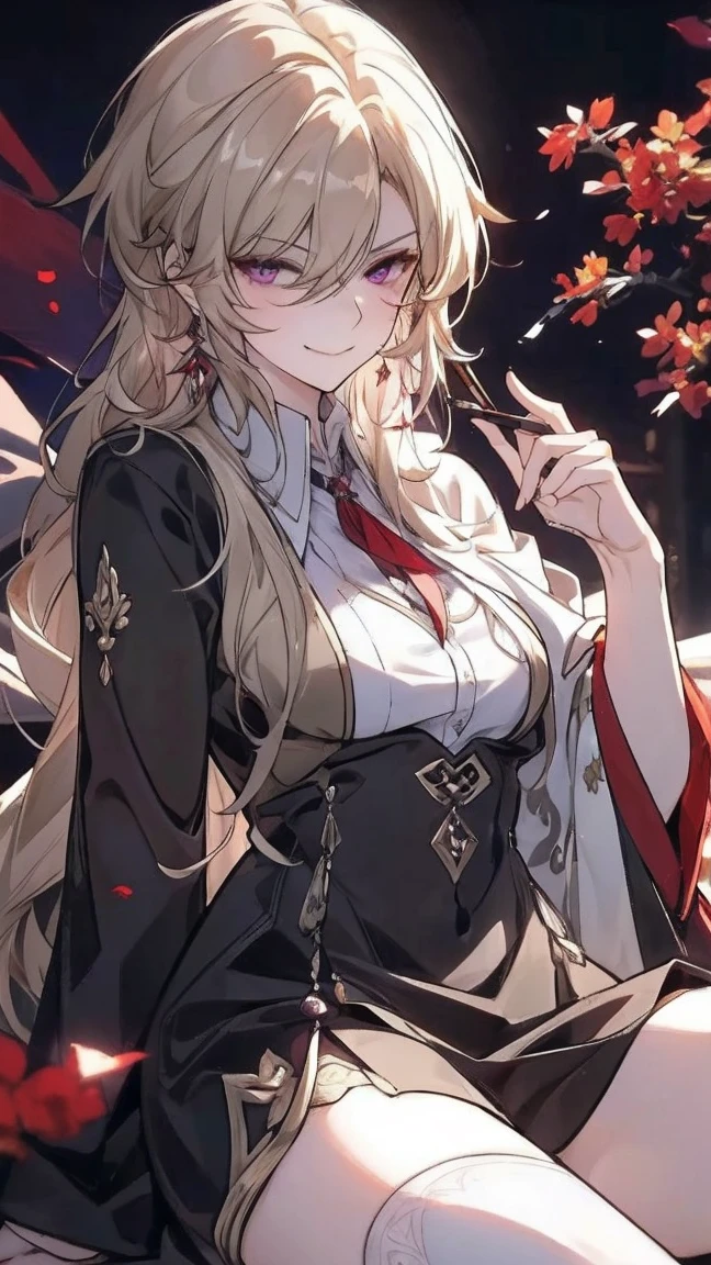 (extremely detailed 8K wallpaper),(ultra-detailed),(best quality),(masterpiece),(highly detailed),(cinematic lighting),(Original),Cold ligh，magenta eyee ,ink style，, smoking pipe, kiseru, holding a long smoking pipe, long sandy blonde hair，((Beautiful adult woman))，black dress with stockings，((slight smirk face))，（White knee socks）, adult woman, beautiful earrings, falling red petals