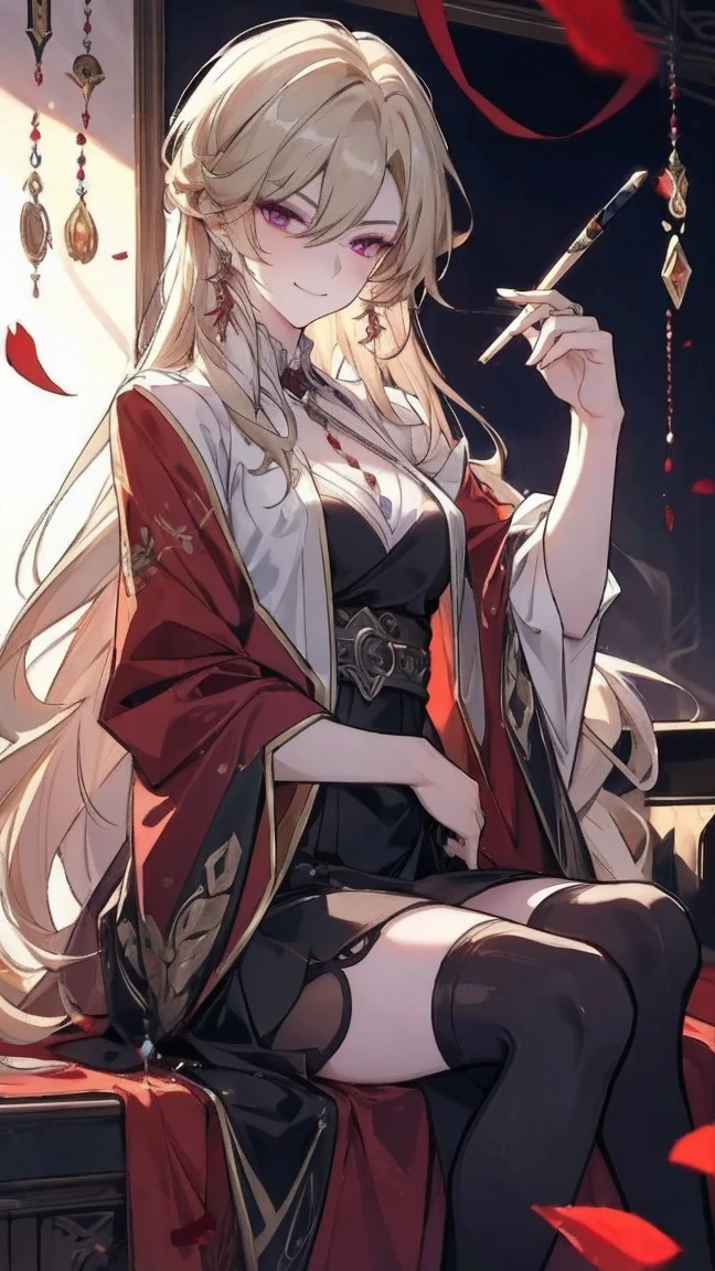 (extremely detailed 8K wallpaper),(ultra-detailed),(best quality),(masterpiece),(highly detailed),(cinematic lighting),(Original),Cold ligh,magenta eyee ,ink style,, smoking pipe, kiseru, holding a long smoking pipe, long sandy blonde hair,((Beautiful adult woman)),black dress with stockings,((slight smirk face)),(White knee socks), adult woman, beautiful earrings, falling red petals