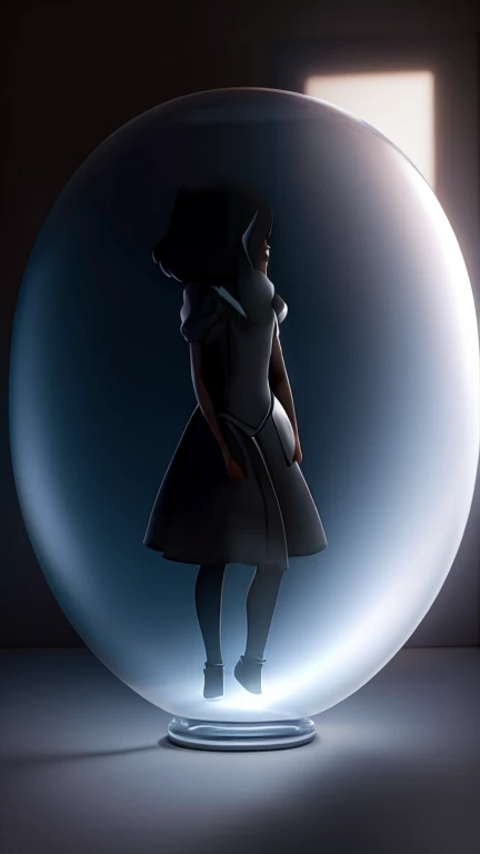Silhouette of a girl inside a bubble: The silhouette of the girl should be visible inside a transparent bubble. The bubble should be of considerable size, enveloping it completely.
Bigger shadow behind the girl: Behind the silhouette of the girl, and behind her , you see the shadow of a bigger person, holding her shoulders immobilizing her. The shadow should be dark, fearful and diffuse., giving the impression that it is an overprotective presence.
bottom: The background can be simple,  a white or dark background, so that the image focuses on the silhouette of the girl and her shadow.