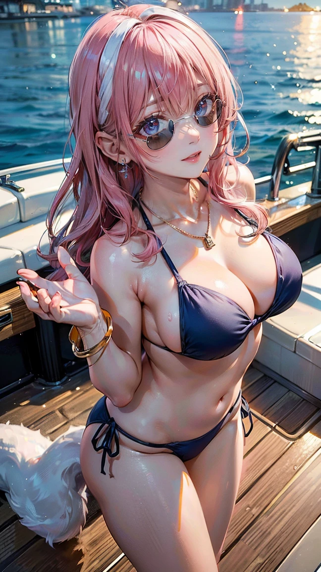 (Masterpiece, BestQuality:1.3), (ultra detailed:1.2), (hyperrealistic:1.3), (RAW photo:1.2), High detail RAW color photo, professional photograph, (Photorealistic:1.4), (realistic:1.4), professional lighting, perfect anatomy, (Big Breasts:1.2), (blush, detailed face), (A happy smile:1.5), Trending Hair&Trending Hairカラーをランダムに, earrings, necklace, bracelet, sexly, erotic sexly, Random sexy gravure poses, (A pink-haired woman in a navy blue bikini on the deck of a yacht、The moment he took off his sunglasses was captured.。:1.3)