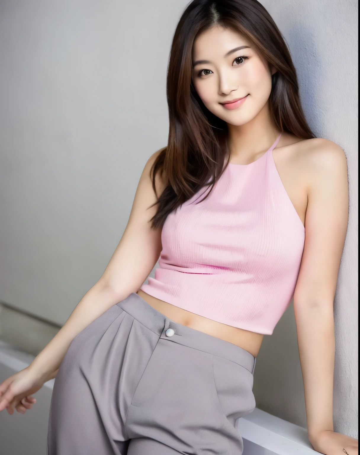 araffe woman in a pink top and grey pants posing for a picture, asian girl, young asian girl, beautiful asian girl, young and cute girl, an asian woman, a young asian woman, cute young woman, casual pose, korean girl, cute young girl, asian women, lovely woman, chinese girl, asian woman, attractive girl, a cute young woman