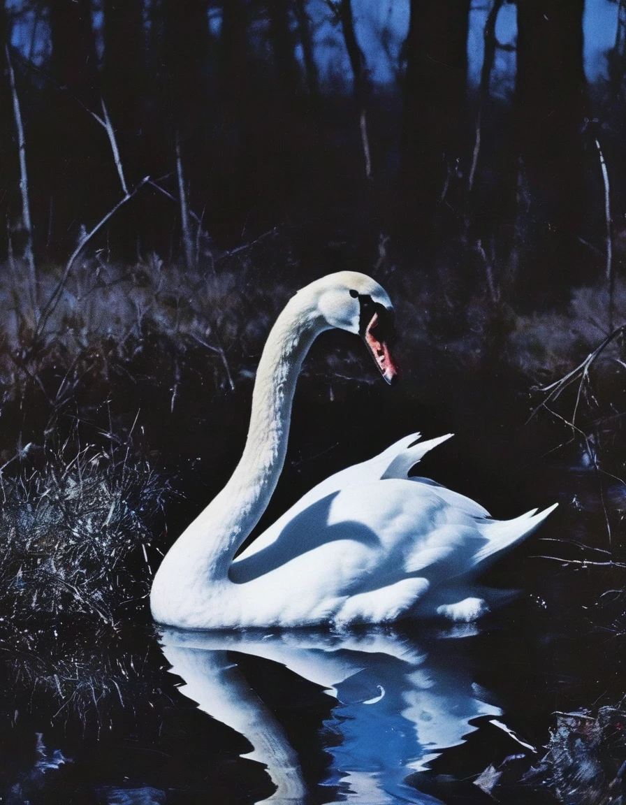 film photography, vintage, close up photo of white swan covered in blood in black water, blue dark forest night background