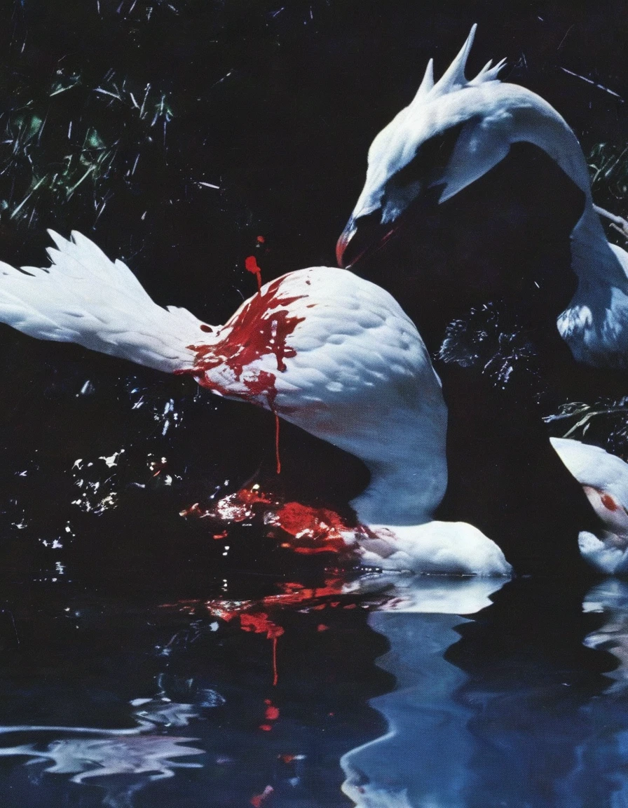 film photography, vintage, close up photo of white swan covered in blood in black water, blue dark forest night background