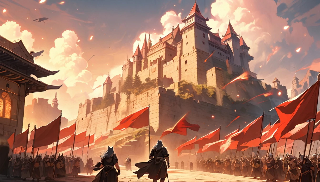 Big castle, red flag, wolf icon, bright atmosphere, ancient times