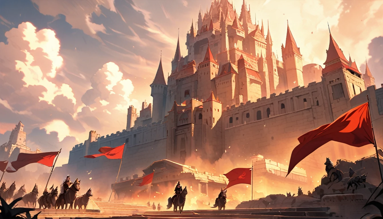 Big castle, red flag, wolf icon, bright atmosphere, ancient times