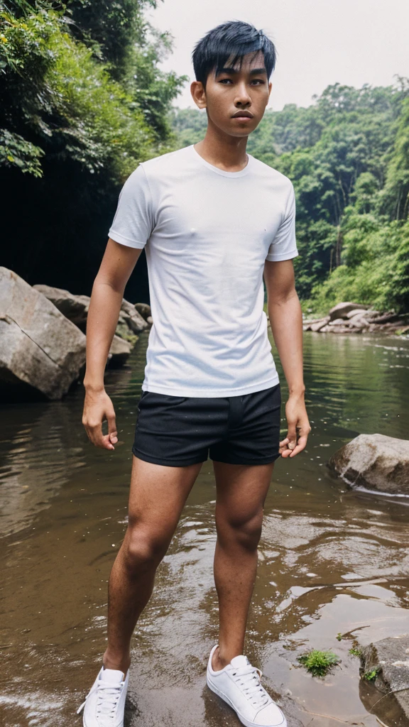 full body portrait photo with natural effect. clothes: Wearing a white t-shirt, skinny, white volleyball shorts,bigger Phallus. shoes: wearing black shoes. situation: Handsome Indonesian young man in the river with his clothes wet from the river water.
